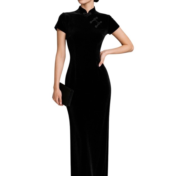 The Unbranded Brand Other - Vtg Velvet Cheongsam Dress Black Qipao Gown Women High Collar 12 Gothic Noir